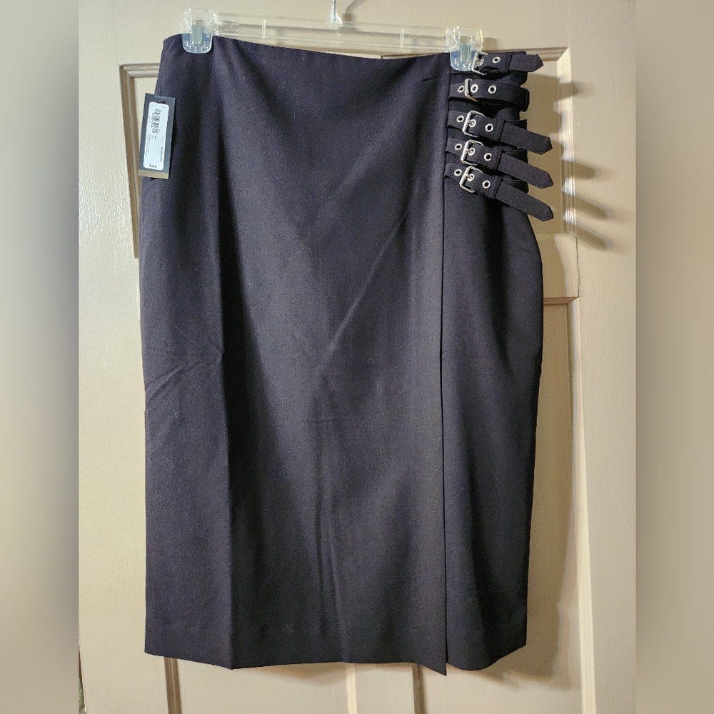 NWT Worthington Black Faux Wrap Pencil Skirt Buckle Details Size 14